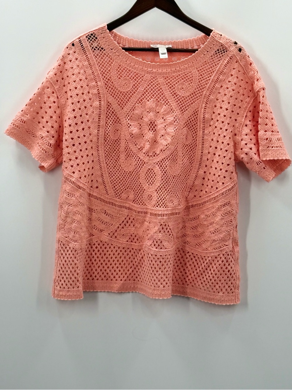 434 Cato 18/20 Crochet Knit Short Sleeve Top - Coral Pink